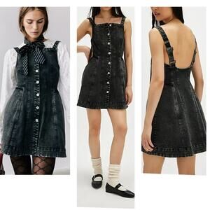 NEW Free People Gimme More Denim Mini Overall Dress Fit Flare Gray Wash Small